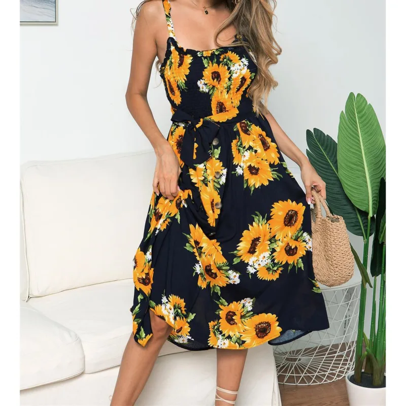 

Женское длинное пляжное платье с принтом, Элегантное повседневное платье на бретельках без рукавов, свободная модная длинная юбка, лето 2021