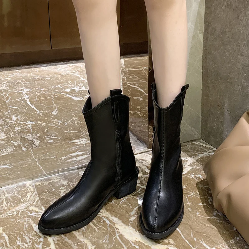 

2021 INS Women 5cm Block High Heels Wedges Ankle Boots Winter Designer Western Cowboy Boots Warm Fur Leather Vintage Boots Shoes