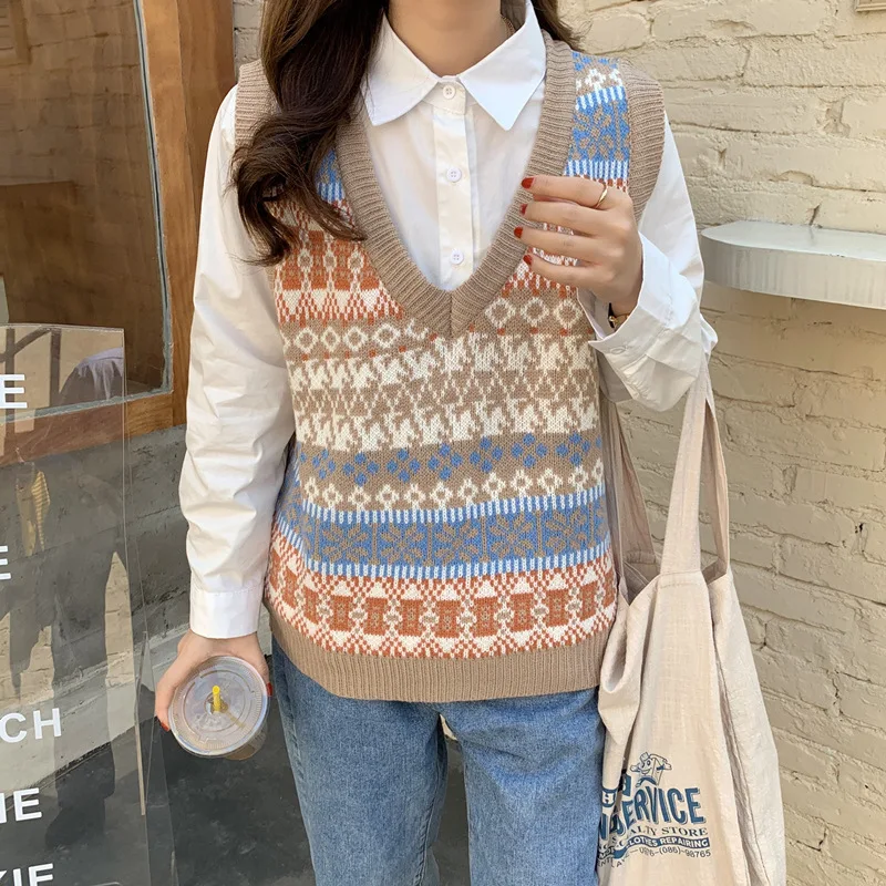 

Knitted Vintage Sweater Vest V-Neck Knitting Pullovers Sleeveless Simple All-match Patchwork Korean Style Female Knit Top