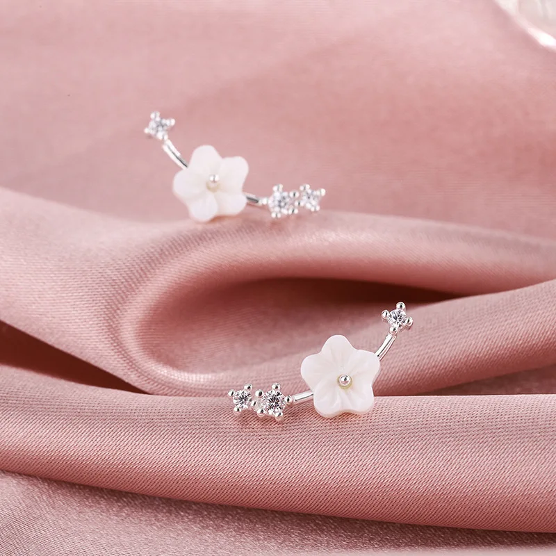 

925 Sterling Silver Crystal Shell Cherry Blossoms Stud Earrings for Women Elegant Bride Party Jewelry eh317
