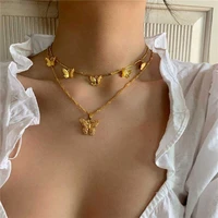 women butterfly gold color charm necklace boho pendant chain multi layer hollow choker
