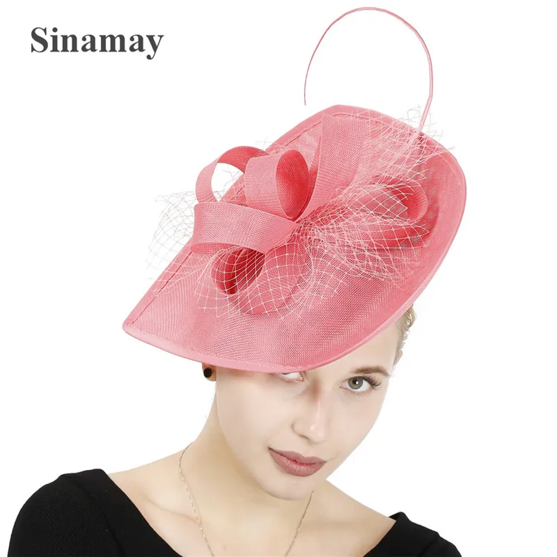 

Vintage Pink Imitation Linen Fascinators with Feather Ladies Red Wedding Veil Church Fedora Pillbox Hat Derby Women Dress Hats