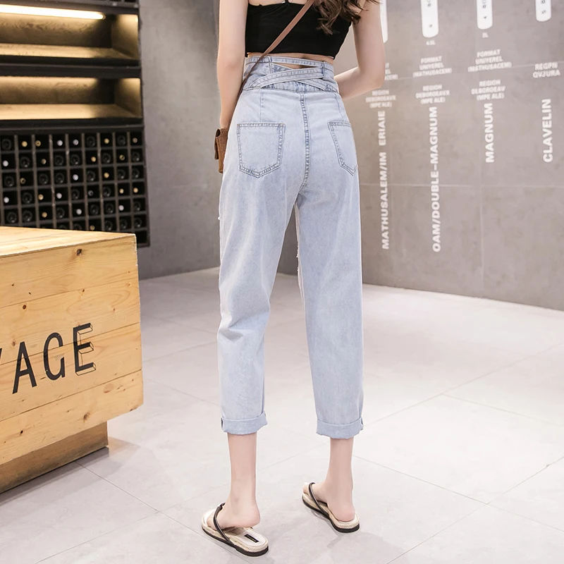 2019 новые модные женские джинсы с дырками и высокой талией свободные летние