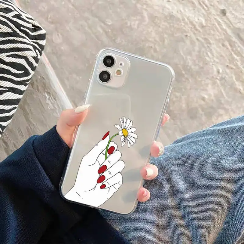 

Phone Case For iphone 12 11 8 7 6s 6 5 5s 5c se plus mini x xs xr pro max Hand art daisy Love heart butterfly Transparent soft