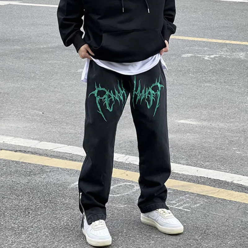Джинсы мужские с вышивкой в стиле хип-хоп, свободные прямые брюки-трубы в американском стиле, с боковой молнией, черные