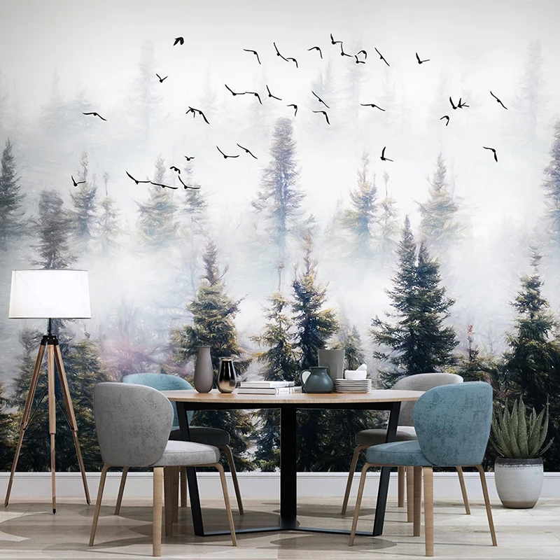 Foto personalizada pintada a mano, nubes de bosque, pájaros voladores, pintura al óleo, dormitorio, estudio, sala de estar, sofá, TV, fondo, Mural, papel de pared