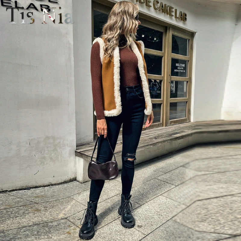 Women's Vest 2021 Winter Casual Ladies Loose Rabbit Fur Jacket Solid Color Vest Warm Coat Jacket XL Camel Sleeveless