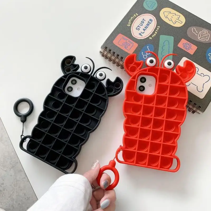 Kawaii Black Red Lobster Case for Iphone11 12Pro Max Xr Simple Dimple Fidget Toys Push It Bubble Soft Silicone Phone Cover | Игрушки и