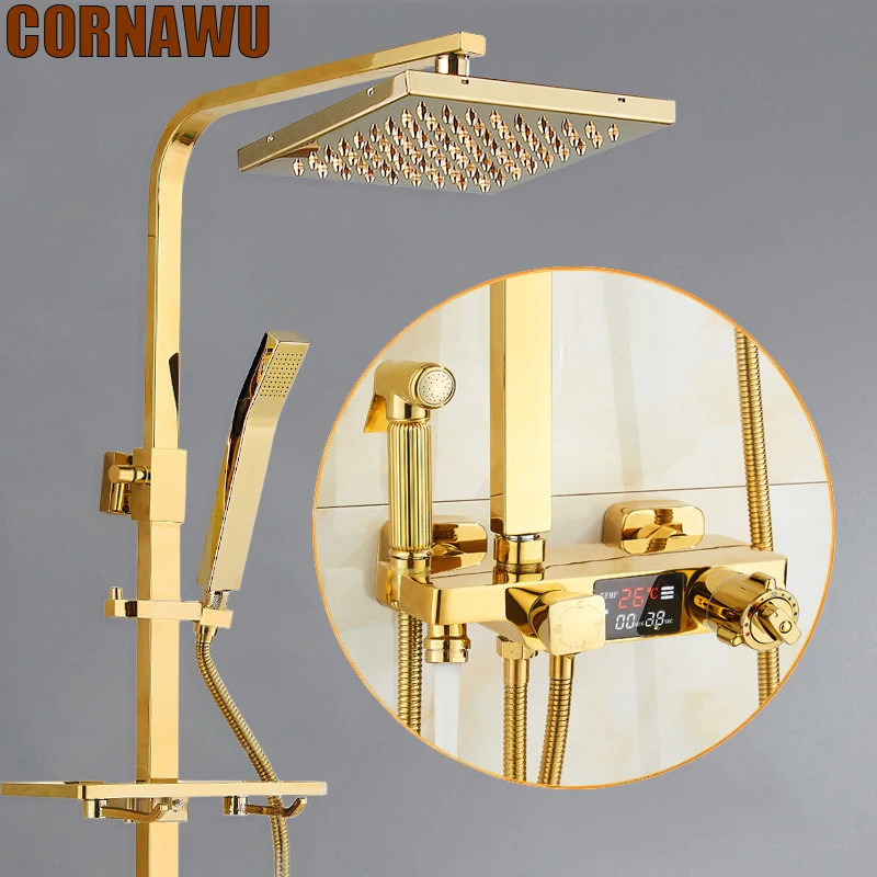 

Gold Digital Shower System Faucet Bathroom Hot Cold Mixer Thermostatic Rain Showers Sets Bathtub Wall Mount SPA Rainfall Grifos