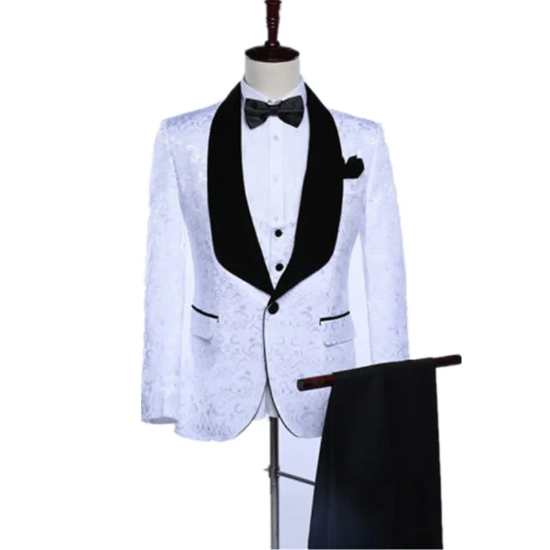 

White Formal Black Velevt Lapel Men's Wedding Suits Formal Prom Groomsman Tuxedo (jacket + pants + vest) custom made