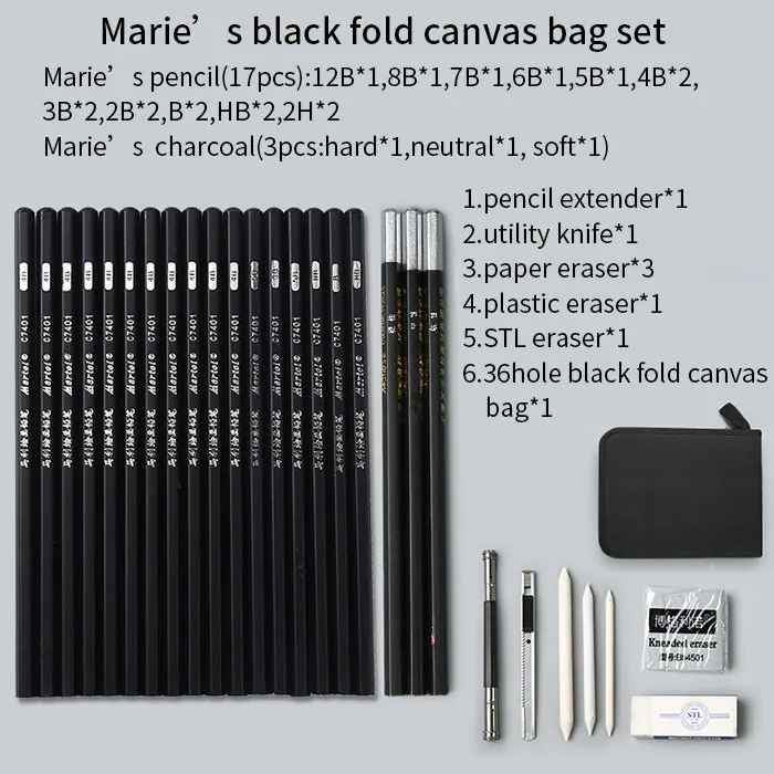 Maries fold bag set 25 шт. Набор для рисования эскизов, карандаш для рисования эскиз живопись с холстом сумка карандаши уголь ушной удлинитель нож - Цвет: Maries fold bag set