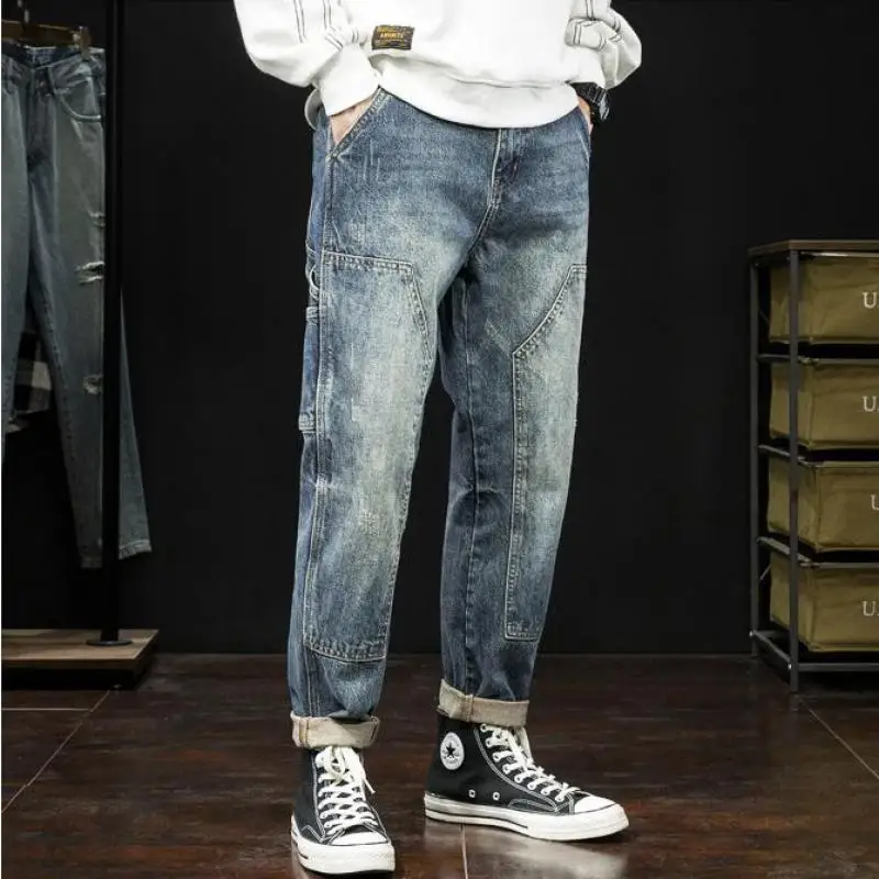 

Washed Vintage American Style Jeans Men's Loose fit Autumn Multi Pocket Straight Pants Long Pants
