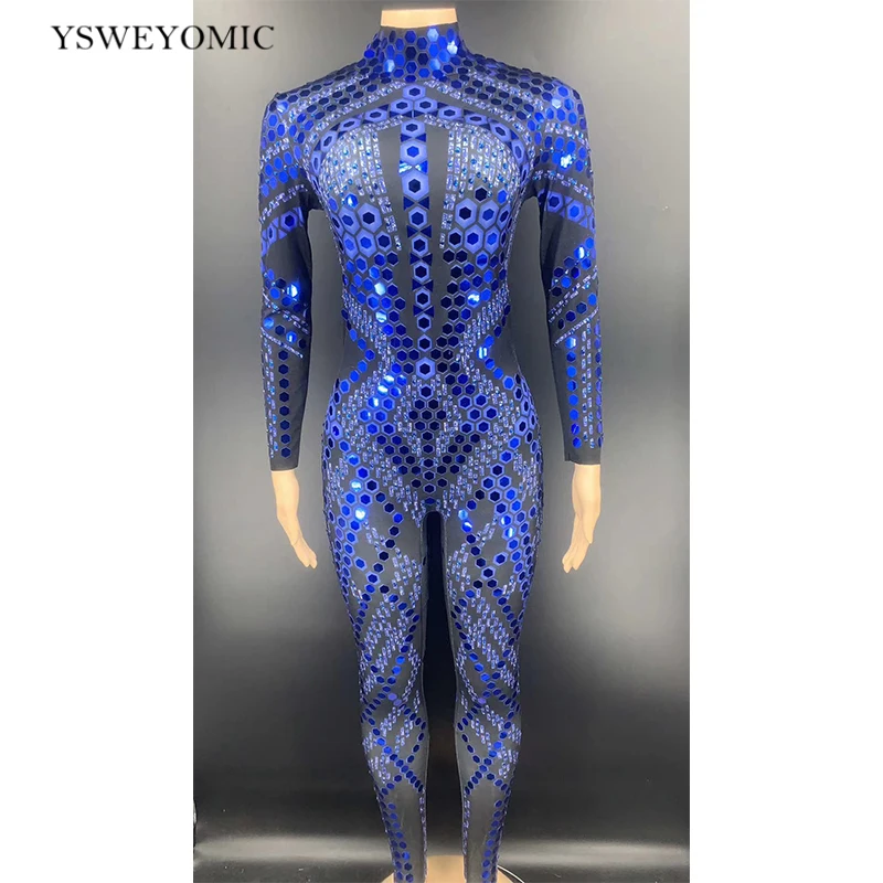 Flashing Blue Sequined Long Sleeve Women Jumpsuit Birthday Celebrate Party Outfit Bar Nightclub Dance Costume Show Stage Wear