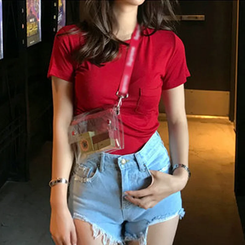 Женская футболка с коротким рукавом однотонная Базовая тонкими карманами