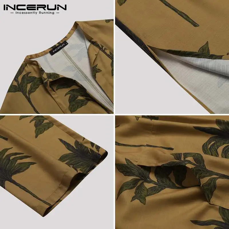 

INCERUN Men Muslim Kaftan Printed V Neck Long Sleeve Pockets Robes Abaya Dubai Islamic Caftan Saudi Arabia Men Jubba Thobe S-5XL