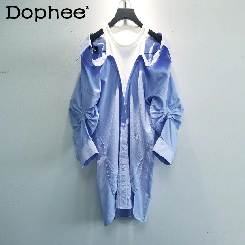 

Shirt Dress for Women 2021 Early Spring New Fake Two Pieces Vest Stitching Cotton Loose Comfortable Style Midi Dress for Ladies