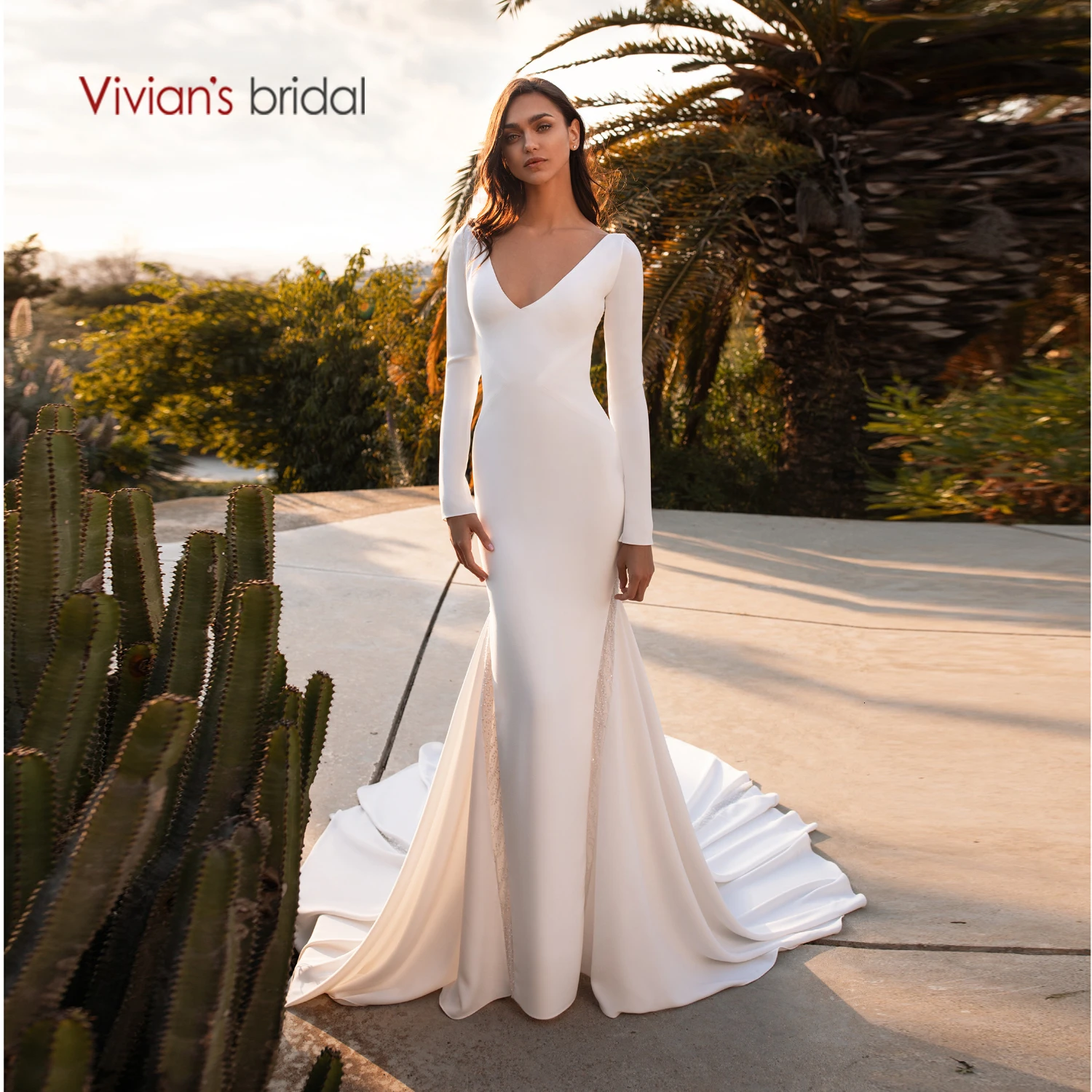 Vivian's Bridal винтажное мягкое Пятнистое свадебное платье русалки сексуальное с открытой спиной Глубокий v-образный вырез с длинным рукавом Часовня Поезд свадебное платье