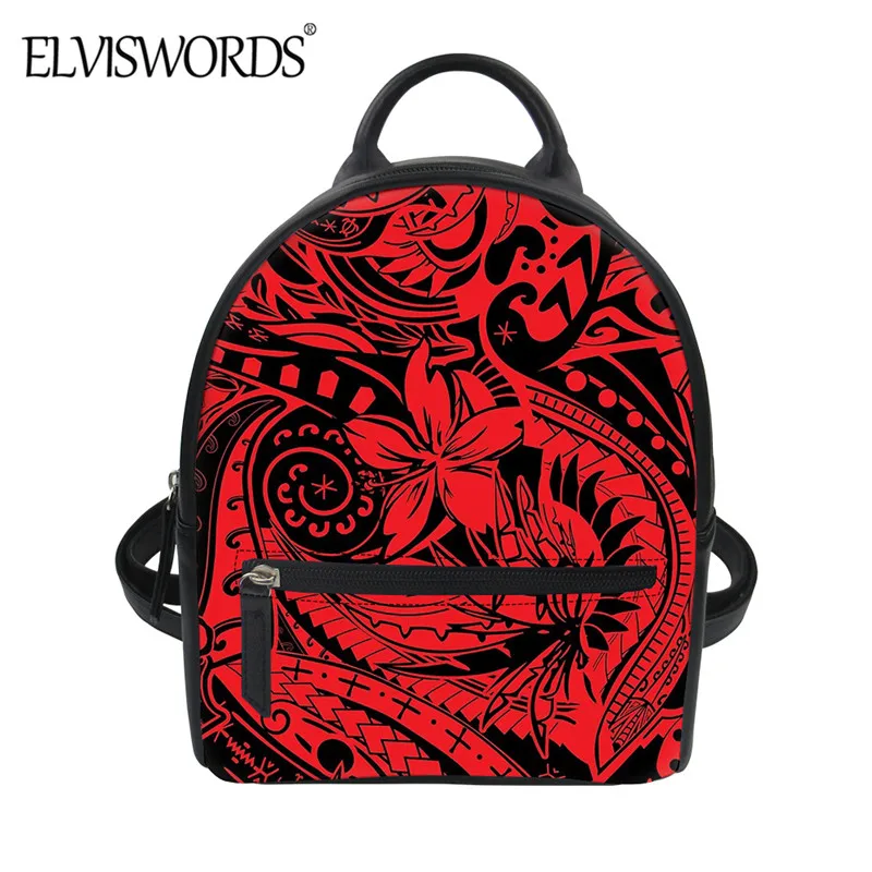 

ELVISWORDS Red Samoa Tribal Pattern Ladies Stylish Mini Backpack 2020 Fashion New Durable PU Leather Shoulder Pack Mochila