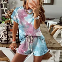 tie dye printed leisure women two piece set loose top and elastic waist drawstring shorts matching sets streetwear summer suit