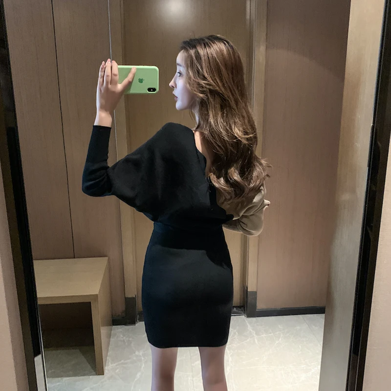 

2021 Autumn Long Sleeve Dress Sexy Club Knitting Dresses Patchwork Sweet Slim Dresses for Women Robe Femme Vestido