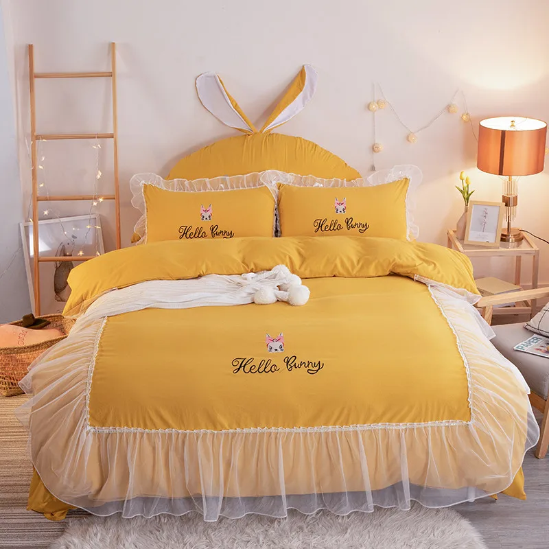 

Four Seasons Hot Sell Bedding 4pcs Washed Cotton Embroidery Cute Bunny Hello Bunny Pattern Bed Sheets Quilt Cover Princess Style