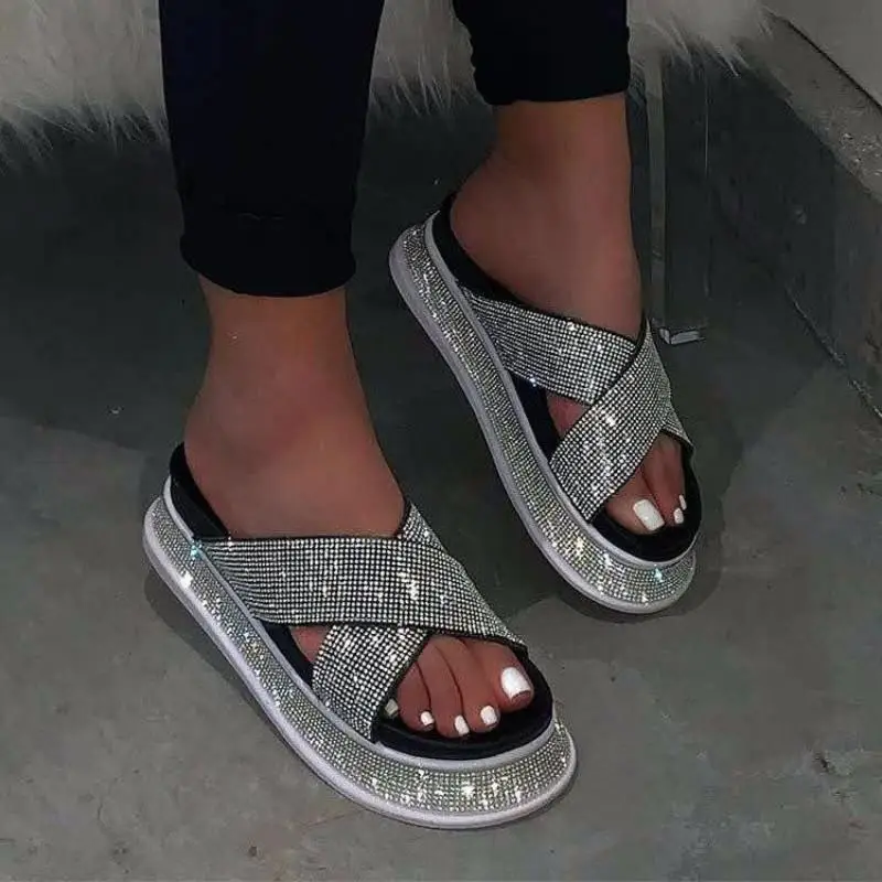 

Women Summer Sandals Flats Shoes Woman Sexy Party Plus Size Shiny Crystal Slippers Slides Sandalias Mujer Sapato Feminino