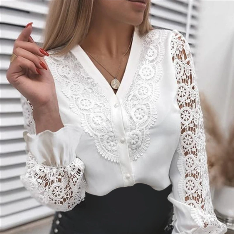 

Women Sexy Lace T-Shirt Patchwork Hollow Out Fashion Long Sleeve Crew Neck Button Mesh Design Tops Spring White Vintage T Shirts