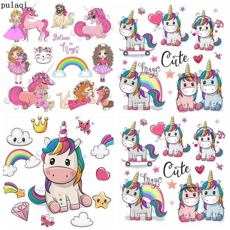 

Pulaqi DIY Iron on Transfer Iron on Patches Heat Transfer Vinyl Thermo Stickers Stripes for Clothes Cartoon Unicorn Patch Badges