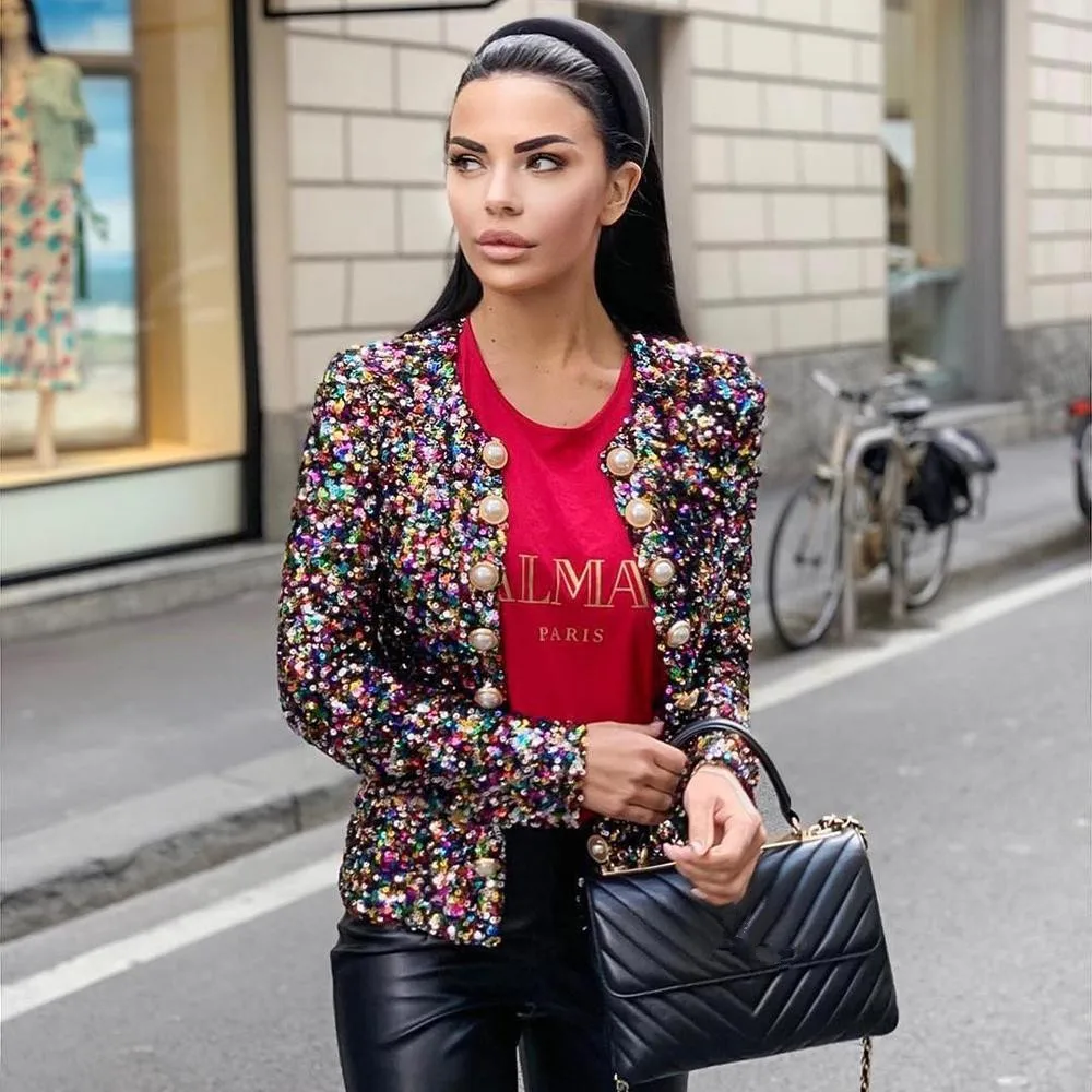 Женское пикантное блестящее пальто с длинным рукавом и блестками коллекция 2021