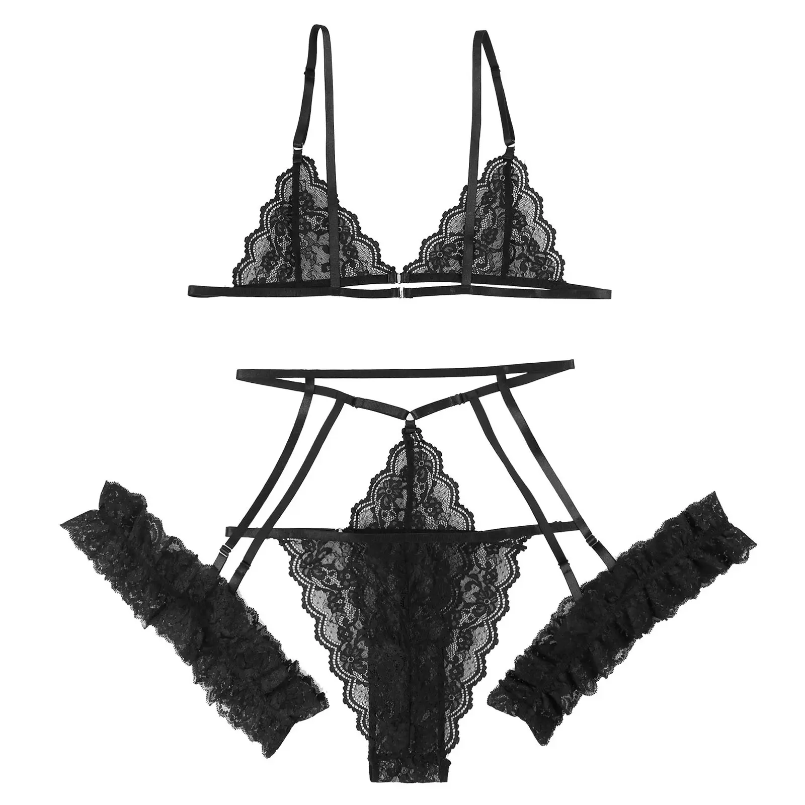 

Mens Lace Bra Set Sexy Garter Lingerie Gay Underwear Sissy Transparent Sleepwear Wireless Unlined Bra Top Erotic Briefs Garters