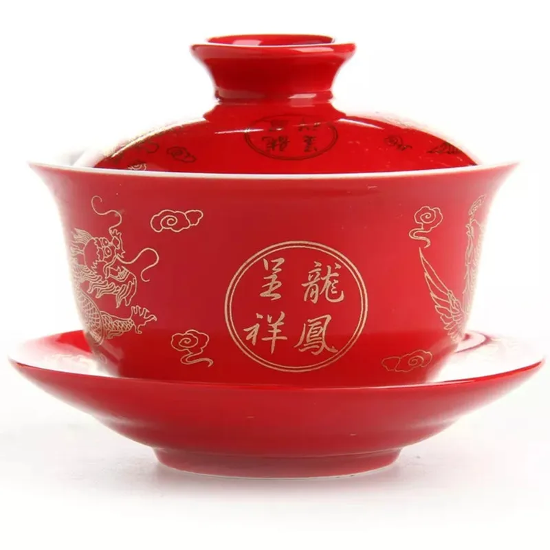Дракон и феникс свадебный gaiwan чайная чаша китайский красный ted чайная чашка и блюдце набор - Цвет: DP C