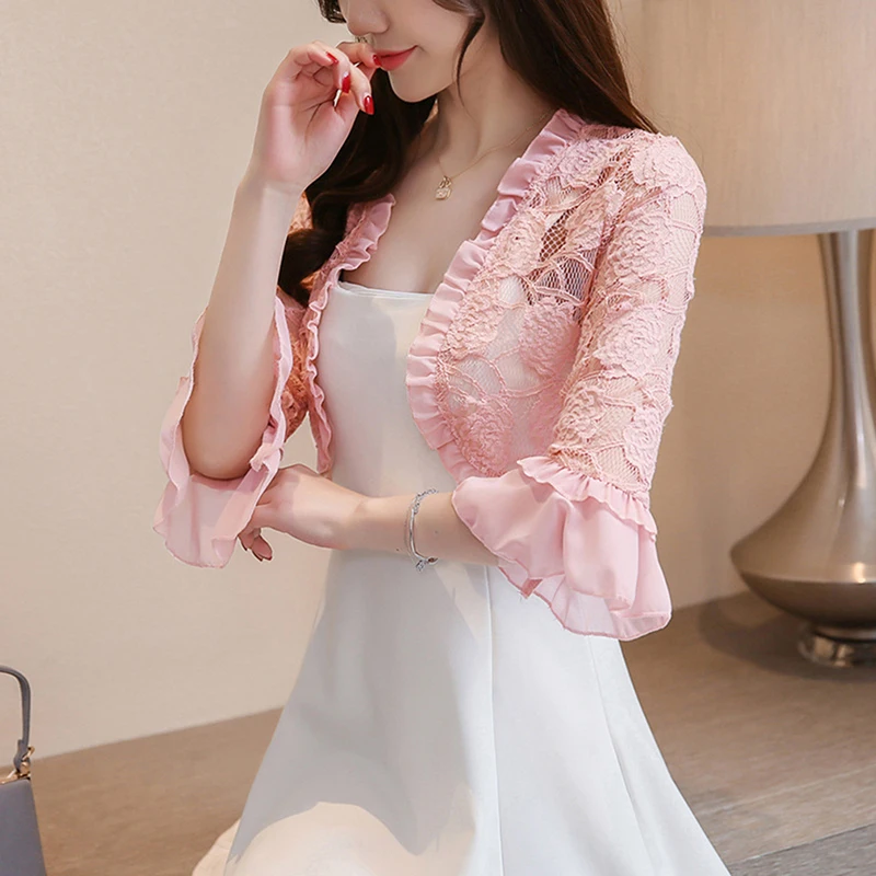 

Women Summer Jackets 3/4 Sleeve Shawl Lady Thin Lace Open Stitch Coat Femme Sexy White Hollow Out Coats Jackets Bolero