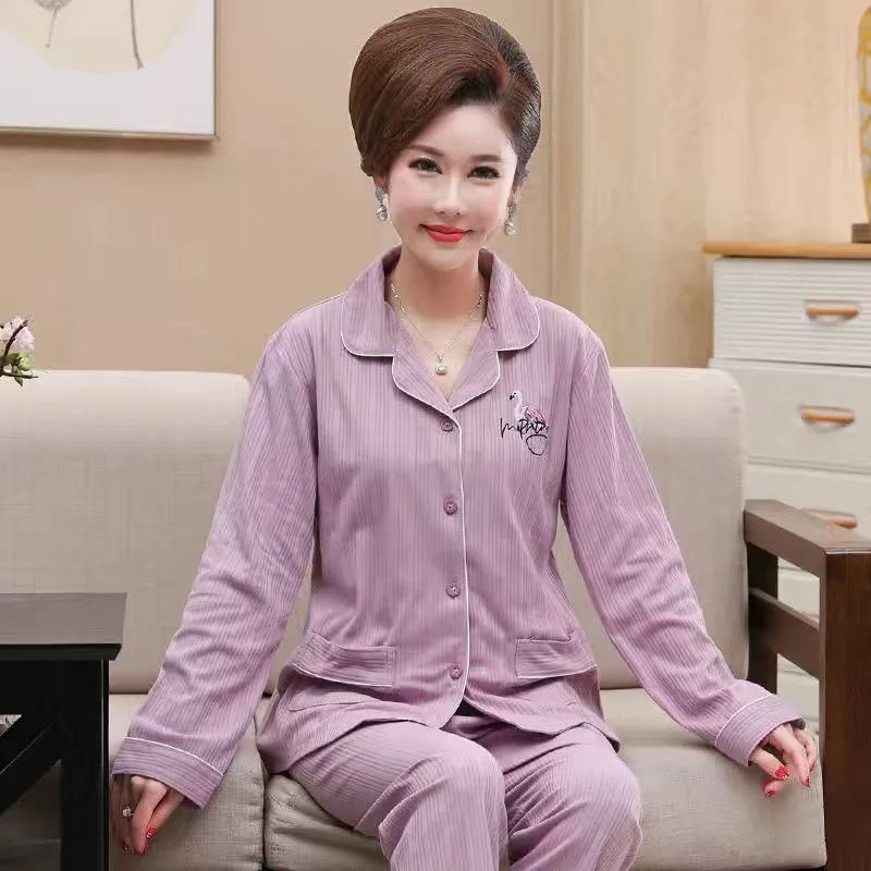 Fdfklak M-4XL Elegant Middle Aged Mother's Pajamas Set Long Sleeve Pant Sleepwear Women Suit Large Size Cotton Home Clothes