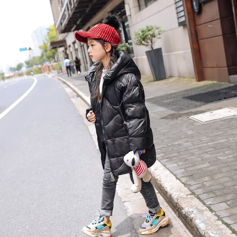 Модные пуховики для маленьких девочек зимняя Длинная модель Детские Пуховые