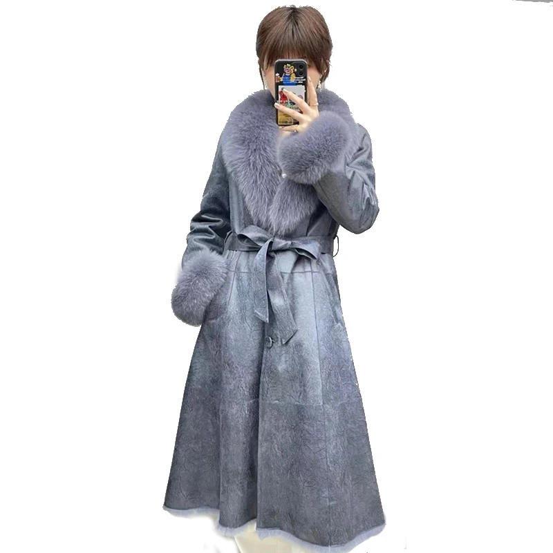 New Real Double Face Rabbit Fur Coat Women's Mid-Length Winter Close-Fitting Leather Fox Fur Collar Cuffs Fur Garments