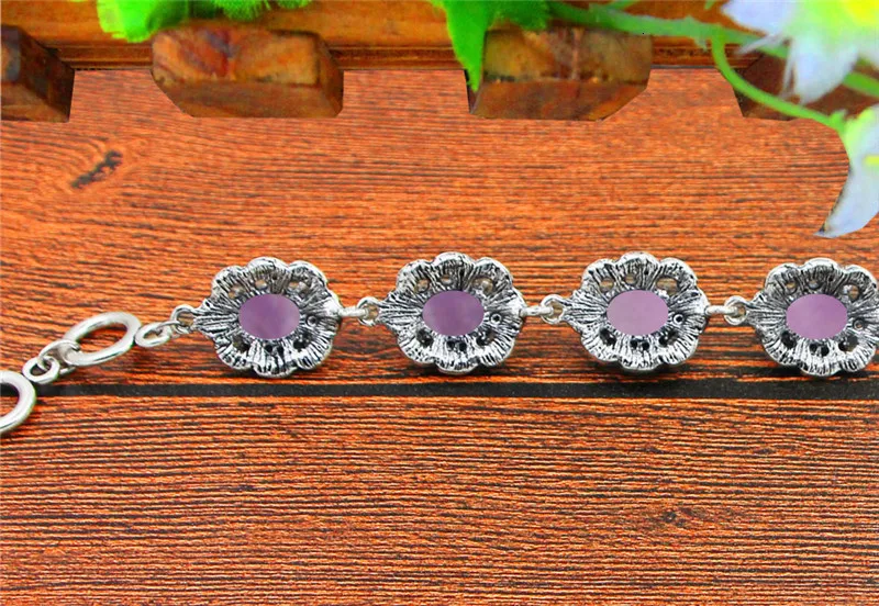 Natural Purple Stone Bracelet Plum Flower Design Vintage Look Antique Silver Plated Fashion Jewelry TB334