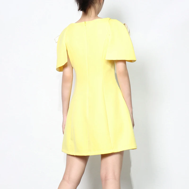

Black Patchwork Bowknot Dress For Women O Neck Short Sleeve High Waist Mini Dresses Females 2021 Summer Fashion New