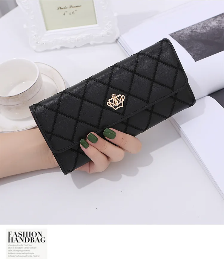 

Metal Crown Women PU Leather Purse Wallet Coin Card Holder Diamond Lattice Pattern Long Wallets Lady Clutch Bags