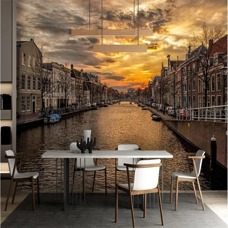 European Town Water City Orange Fire Cloud Sunset Background 3D Photo Wallpapers Restaurant Cafe Industrial Decor Wall Paper |