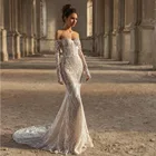 Свадебное платье с открытыми плечами без бретелек цвета слоновой кости облегающее платье в пол с длинным рукавом с аппликацией и открытой спиной на молнии со шлейфом 2021