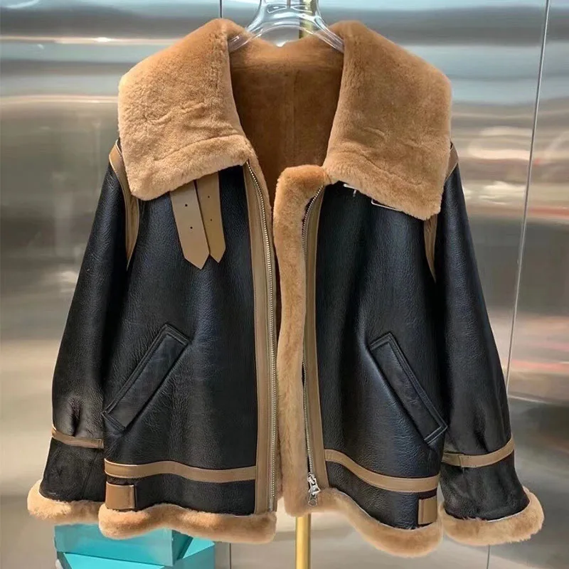 

Sheepskin Double Faced Fur Coat Female 2020 Winter Genuine Merino Leather Jacket Motorcycle Women Warm Cute Outwear
