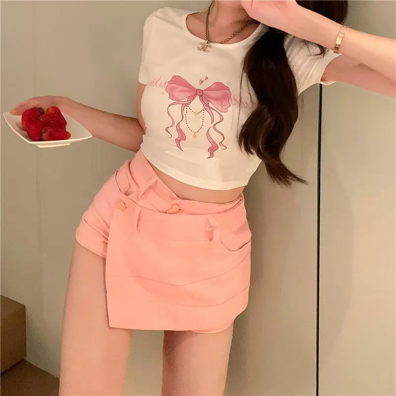 

Y2k Bow Print Graphic T Shirts Women Sexy Cropped Top Mujer 2021 Summer Alt Clothes Aesthetic MINGLIUSILI E Girl Tee Shirt