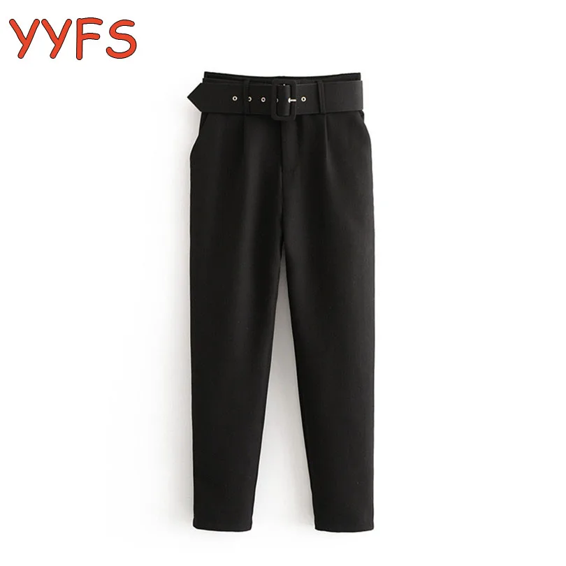 

Office Black Suit Pants Lady with Belt High Waist Solid Long Trousers Women Fashion Pockets Pants Trousers Streetwear Pantalones