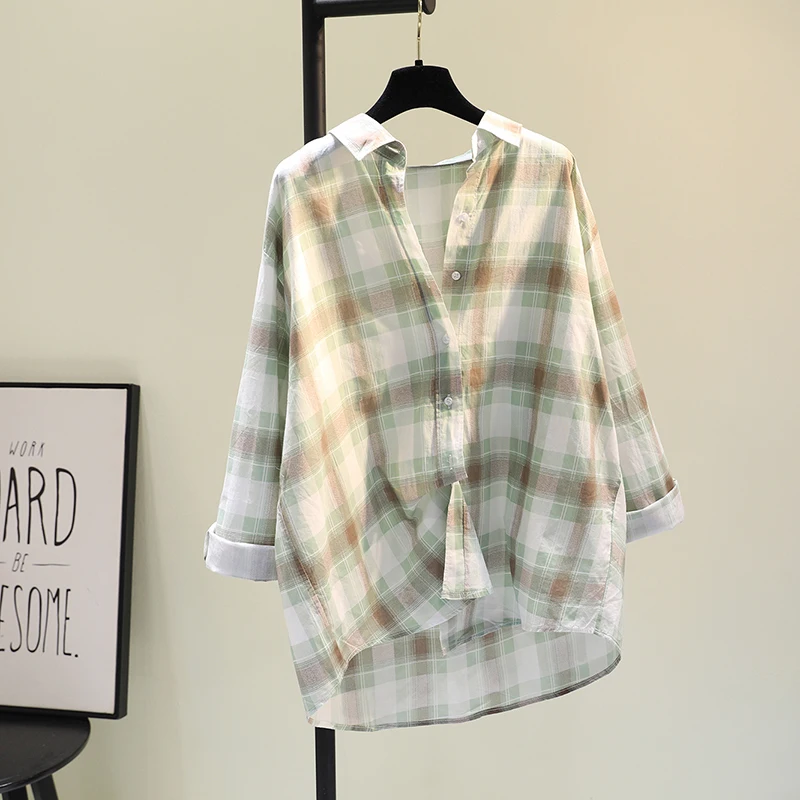 

2021 Spring Summer Ladies Yellow Plaid Cotton Linen Casual Shirt Women New Korean Loose Women Blouses Sun Protection Fashion Top