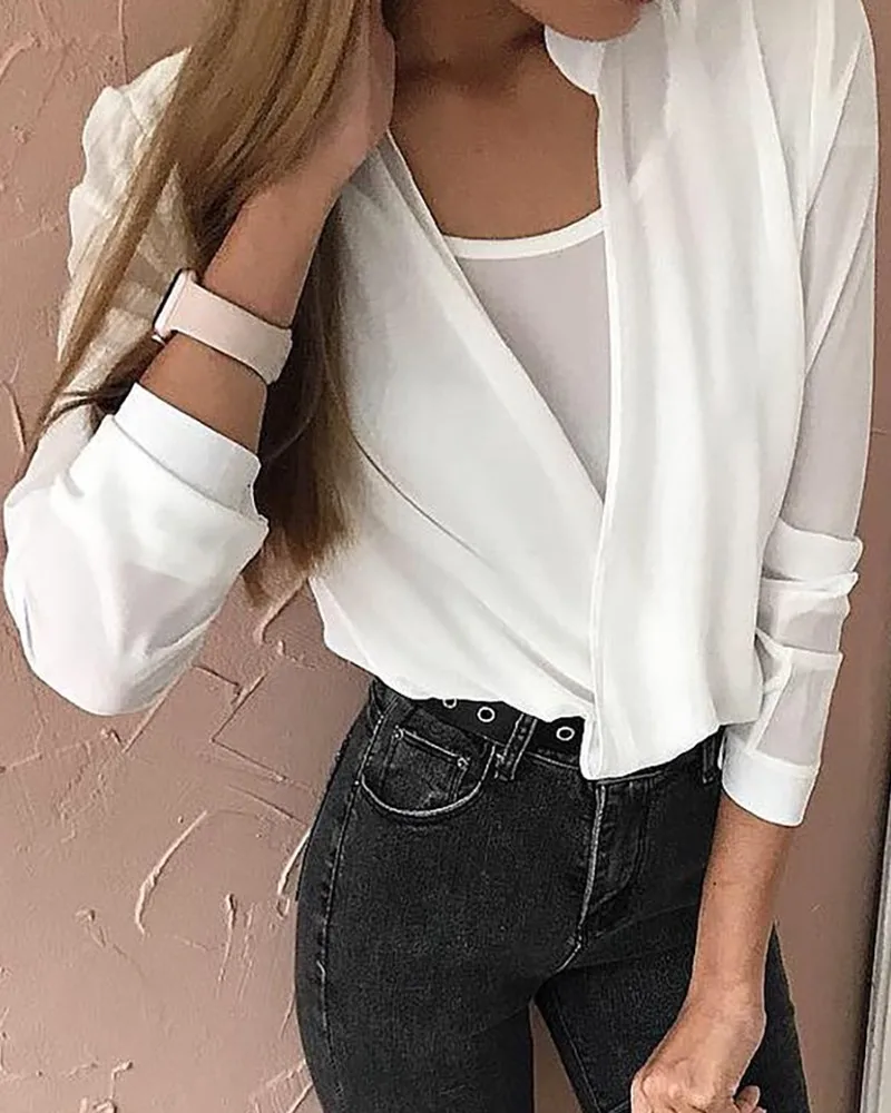 

Solid Fake Two Piece Long Sleeve Blouse Office Wear White Blouse Tops