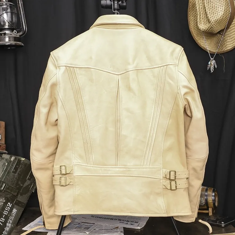 

Winter Men Horsehide Real Leather Jacket Japan Style Retro Lapel Zipper Biker Coat Luxury Multi-Pockets Slim Motorcycle Jacket