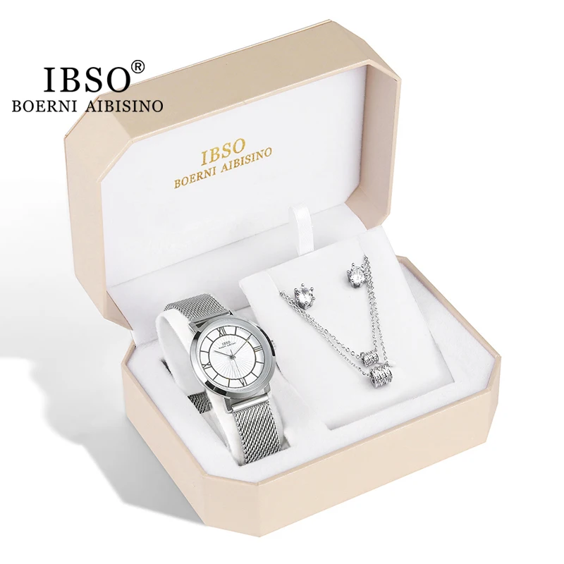 

Ibso Octagonal Women Watch Set Gift Lucky Bead Necklace and Rings Luxury Birthday Gifts for Ladies Quartz Watch 3Bar Waterproof