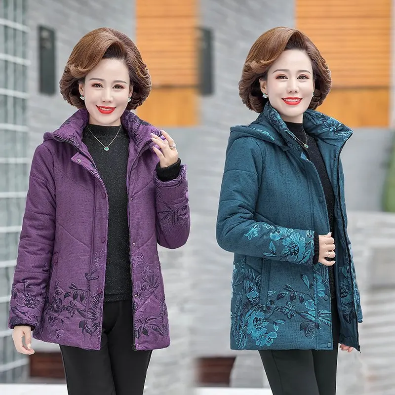 

Middle-aged Warm Print Hooded Coat Women Parkas Jacket Womens Winter Overcoat
