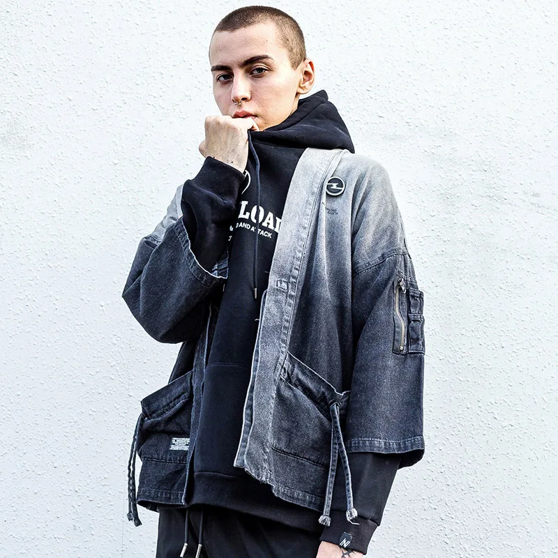 

2020 Japanese Kimono Jacket Gradient Color Hip Hop Men Denim Jacket Streetwear Harajuku Japan Style Cardigan Jacket Jean Vintage