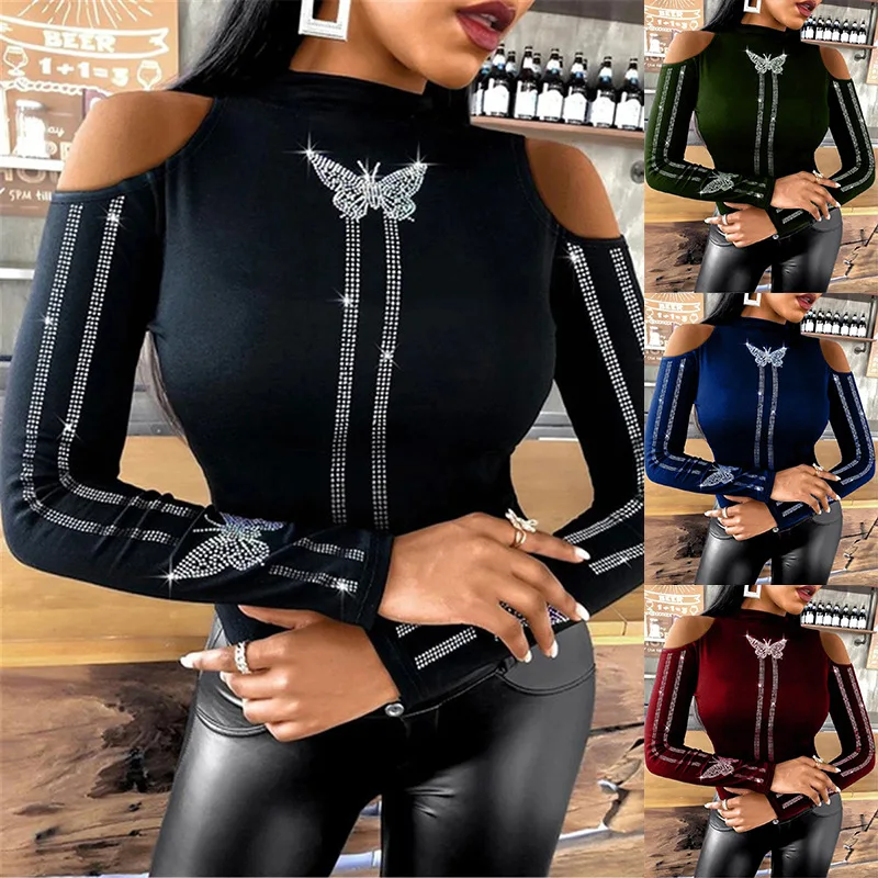 

Ladies Crystal Butterfly T Shirt Off Shoulder O-neck Sequins Hollow Out Long Sleeve Tops 2021 Female Fashion Casual Tee